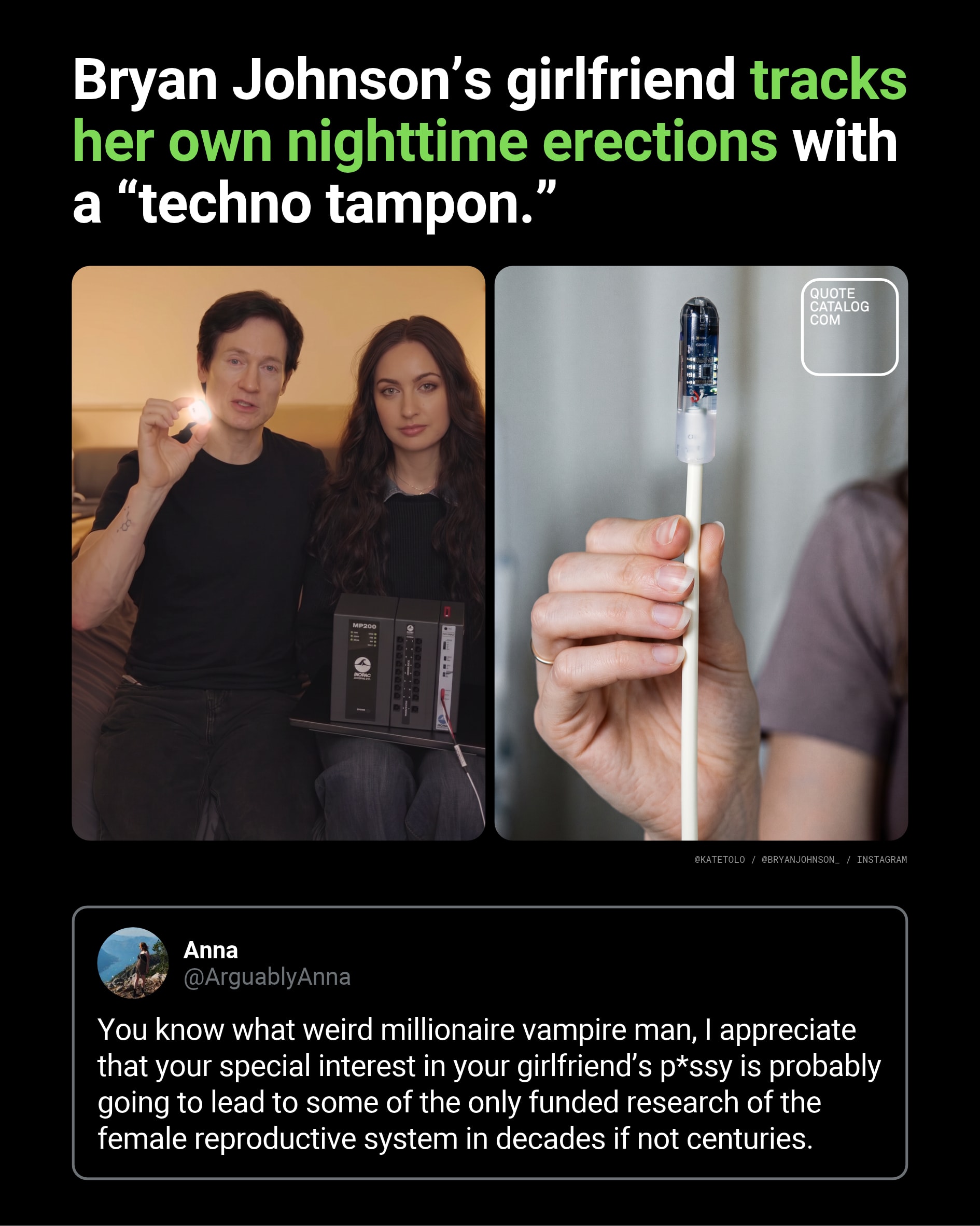 Kate Tolo is tracking vaginal blood flow during sleep with a probe that Bryan Johnson says costs $15,723.68, part of a project he says follows 1,900 biomarkers…