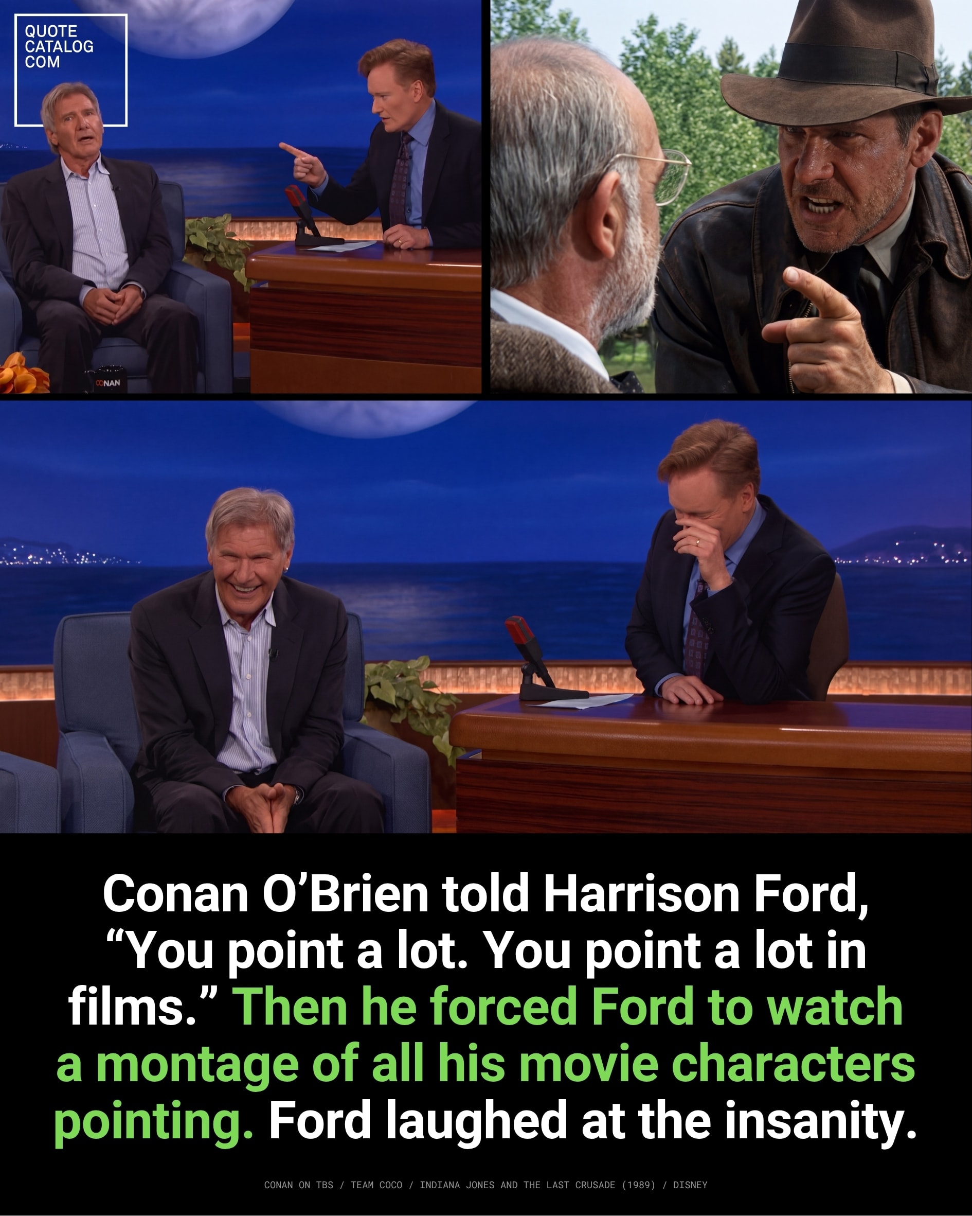 Harrison Ford came to Conan O'Brien's show to promote Paranoia on Aug. 15, 2013, and ended up laughing at a compilation of his own pointing scenes. Conan and…